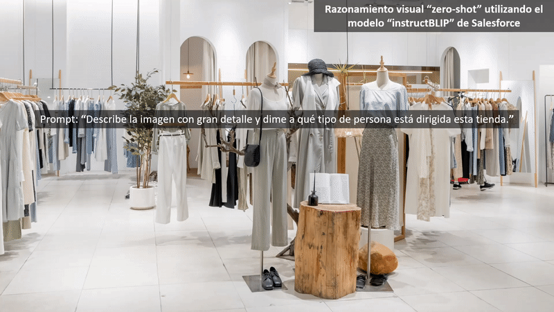 Example of zero-shot visual reasoning on a retail store image, using Salesforce's instructBLIP model.