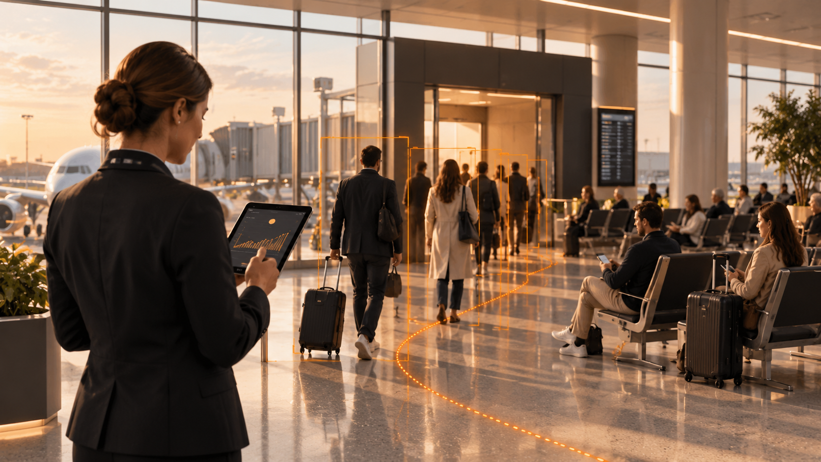 Equipe do aeroporto revisando o fluxo de passageiros em tempo real em um tablet, KSI Vision.