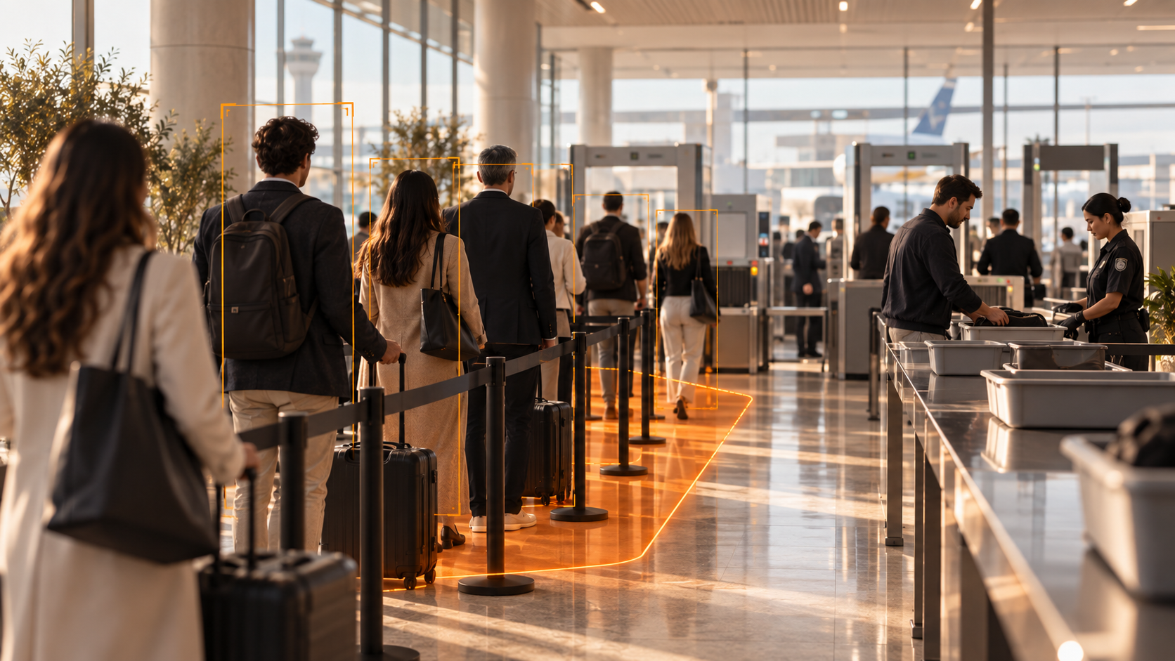 Fila no controle de segurança de um aeroporto medida em tempo real pela KSI Vision.